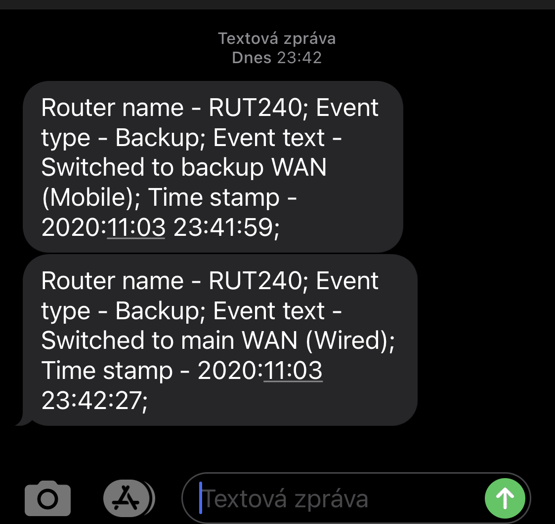 Informační SMS o výpadku internetu zaslaná RUT240